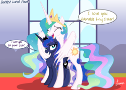 Size: 4823x3445 | Tagged: safe, artist:darkest-lunar-flower, princess celestia, princess luna, alicorn, pony, adventure in the comments, alicorns only, big sislestia, canterlot, canterlot castle, chest fluff, cute, cutelestia, cutie mark, dialogue, duo, duo female, eyes closed, featured image, female, floppy ears, fluffy, grin, hug, jewelry, lidded eyes, lunabetes, mare, misleading thumbnail, missing accessory, mount, open mouth, regalia, royal sisters, sibling love, siblings, sisterly love, sisters, size difference, smiling, smol, speech bubble, spread wings, sweet dreams fuel, tall, tallestia, window, wing fluff, winghug, wings