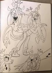 Size: 688x960 | Tagged: safe, artist:toon-n-crossover, queen chrysalis, g4, female, ink, sketchbook, solo, traditional art