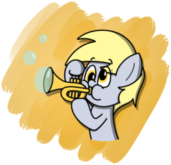 Size: 997x961 | Tagged: safe, artist:techreel, derpy hooves, pony, g4, bubble, bubbly friendship, cute, female, musical instrument, solo, trumpet