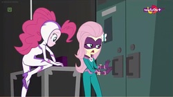 Size: 1023x576 | Tagged: safe, screencap, fili-second, fluttershy, pinkie pie, saddle rager, equestria girls, equestria girls specials, g4, my little pony equestria girls: movie magic, ass, butt, clothes, costume, female, power ponies, teletoon