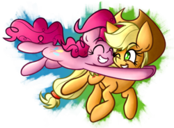 Size: 2132x1572 | Tagged: safe, artist:nekro-led, applejack, pinkie pie, earth pony, pony, fame and misfortune, g4, abstract background, female, glomp, hug, lesbian, ship:applepie, shipping, tackle