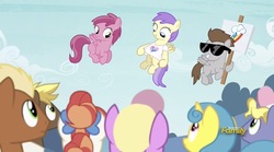 Size: 2048x1142 | Tagged: safe, screencap, alula, cupid (g4), lemon hearts, meadow song, overcast (g4), pluto, ponet, rainbow stars, earth pony, pegasus, pony, unicorn, fame and misfortune, g4, background pony, colt, discovery family logo, female, filly, jeff trotsworthy, male, mare, stallion