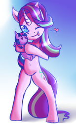 Size: 948x1540 | Tagged: safe, artist:suziouwabami, starlight glimmer, pony, g4, bipedal, bright, female, heart, hug, plushie, smiling, solo, standing, tongue out