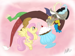 Size: 2400x1800 | Tagged: safe, artist:noisypaperdragon, discord, fluttershy, draconequus, pegasus, pony, g4, blushing, cherry, drinking straw, eye contact, female, food, looking at each other, male, milkshake, sharing a drink, ship:discoshy, shipping, straight, straw