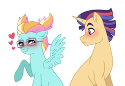 Size: 1024x700 | Tagged: safe, artist:cascayd, oc, oc only, oc:crosswind, oc:starswirl, pegasus, pony, unicorn, adorkable, blushing, crush, cute, dork, female, glasses, implied straight, male, oc x oc, offspring, offspring shipping, parent:flash sentry, parent:rainbow dash, parent:twilight sparkle, parent:zephyr breeze, parents:flashlight, parents:zephdash, pigtails, shipping, simple background, spread wings, straight, white background, wingboner, wings, younger