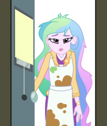 Size: 2859x3375 | Tagged: safe, artist:sketchmcreations, princess celestia, principal celestia, equestria girls, g4, my little pony equestria girls: summertime shorts, subs rock, apron, clothes, door, doorway, female, high res, messy hair, simple background, solo, transparent background, vector