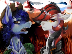 Size: 1600x1200 | Tagged: safe, artist:brainiac, oc, oc only, oc:blackjack, oc:p-21, earth pony, pony, unicorn, fallout equestria, fallout equestria: project horizons, chest fluff, clothes, couple, desperado hat, female, floppy ears, grenade, hat, male, mare, open mouth, pjack, security, stallion, text