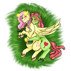 Size: 1150x1150 | Tagged: safe, artist:anxiousshadowpetals, fluttershy, tree hugger, pony, g4, cuddling, female, flower, flower in hair, grass, hippie, kissing, lesbian, meadow, one eye closed, pregnant, sensibly-proportioned pregnancy, ship:flutterhugger, shipping, spooning