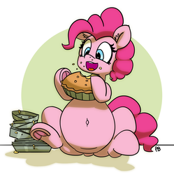 Size: 6064x6084 | Tagged: safe, artist:pabbley, pinkie pie, earth pony, pony, g4, absurd resolution, belly button, cute, diapinkes, ear fluff, eating, fat, female, food, frog (hoof), mare, open mouth, pie, pubic mound, pudgy pie, sitting, solo, stuffed, stuffing, underhoof