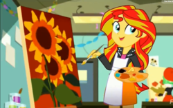 Size: 1245x784 | Tagged: safe, screencap, drama letter, sunset shimmer, watermelody, eqg summertime shorts, equestria girls, g4, the art of friendship, apron, clothes, meme origin, painting, sunflower, sunset's painting