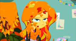 Size: 1464x797 | Tagged: safe, screencap, sunset shimmer, equestria girls, g4, my little pony equestria girls: summertime shorts, the art of friendship, apron, clothes, female, painting, solo, sunflower
