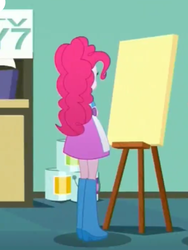 Size: 1536x2048 | Tagged: safe, edit, edited screencap, screencap, pinkie pie, equestria girls, g4, my little pony equestria girls: summertime shorts, the art of friendship, boots, canvas, clothes, cropped, easel, female, rear view, shoes, solo