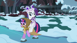 Size: 1280x720 | Tagged: safe, screencap, clover the clever, princess platinum, rarity, twilight sparkle, pony, unicorn, g4, hearth's warming eve (episode), and then there's rarity, bridle, cloak, clothes, forest, ponies riding ponies, rarity riding twilight, riding, river, snow, stream, tack