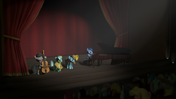 Size: 1920x1080 | Tagged: safe, artist:litterpaws, beauty brass, blues, lyra heartstrings, noteworthy, octavia melody, earth pony, pony, unicorn, g4, 3d, background pony, cello, female, group, levitation, lyre, magic, male, mare, musical instrument, musician, piano, quartet, source filmmaker, sousaphone, stage, stallion, telekinesis