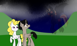 Size: 2560x1536 | Tagged: safe, artist:shadowplay465, surprise, oc, oc:archooves, demon, pony, g1, archrise, canon x oc, night, shipping