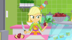 Size: 1366x768 | Tagged: safe, screencap, applejack, equestria girls, g4, my little pony equestria girls: summertime shorts, shake things up!, apple, female, food, knife, solo