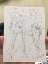 Size: 1536x2048 | Tagged: safe, artist:andypriceart, king sombra, princess celestia, pony, g4, andy you magnificent bastard, cigar, crown, dialogue, facial hair, female, gomez addams, good king sombra, heart, jewelry, looking back, male, mare, monochrome, morticia addams, moustache, necktie, open mouth, regalia, ship:celestibra, shipping, smiling, stallion, straight, the addams family, traditional art