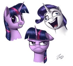 Size: 1824x1649 | Tagged: safe, artist:deltauraart, rarity, twilight sparkle, pony, fame and misfortune, g4, derp, female, floppy ears, insanity, mare, open mouth, simple background, smiling, white background