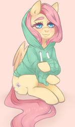 Size: 532x890 | Tagged: safe, artist:pettankochan, fluttershy, pony, g4, clothes, female, hoodie, simple background, solo