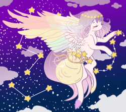 Size: 800x709 | Tagged: safe, artist:elarywakefield, oc, oc only, oc:pastel starise, pegasus, pony, bag, cloud, constellation, female, flying, mare, solo, star placer, stars, tangible heavenly object, veil