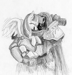 Size: 770x798 | Tagged: safe, artist:t72b, derpibooru exclusive, twilight sparkle, alicorn, human, pony, g4, armor, crossover, female, holding a pony, hug, male, mare, monochrome, newbie artist training grounds, power armor, primarch, primarch of friendship, smiling, traditional art, twilight sparkle (alicorn), vulkan, warhammer (game), warhammer 30k, warhammer 40k