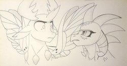 Size: 1024x531 | Tagged: safe, artist:evergreen-gemdust, princess ember, thorax, changedling, changeling, dragon, g4, triple threat, confrontation, cute, dragon lord ember, emberbetes, king thorax, looking at each other, monochrome, sketch, thorabetes, traditional art