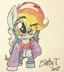 Size: 1832x2054 | Tagged: safe, artist:binkyt11, rainbow dash, anthro, g4, atg 2017, clothes, crossover, dreamworks face, female, hoodie, newbie artist training grounds, rayman, solo, traditional art