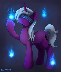 Size: 2442x2900 | Tagged: safe, artist:evomanaphy, oc, oc only, pony, unicorn, blindfold, commission, fire, high res, male, solo, stallion