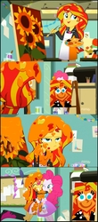 Size: 1478x3354 | Tagged: safe, screencap, pinkie pie, sunset shimmer, equestria girls, g4, my little pony equestria girls: summertime shorts, the art of friendship, apron, clothes, comic, hug, painting, pinkie's portrait, screencap comic, sunflower, sunset's painting