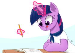 Size: 2000x1406 | Tagged: safe, artist:j24262756, twilight sparkle, pony, g4, clothes, female, glowing horn, horn, magic, mare, paper, pencil, schoolgirl, simple background, smiling, solo, tongue out, writing