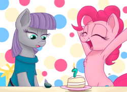 Size: 2500x1814 | Tagged: safe, artist:j24262756, boulder (g4), maud pie, pinkie pie, earth pony, pony, g4, armpits, birthday cake, cake, candle, clothes, cute, diapinkes, eyes closed, female, food, hat, mare, open mouth, party hat, pinkamena diane pie, smiling