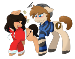 Size: 1280x1013 | Tagged: safe, artist:liziedoodle, oc, oc only, oc:lizie doodle, oc:zone blitz, pony, accessory swap, beanie, bottomless, clothes, cute, duo, embarrassed, female, flustered, hat, hoodie, laughing, male, mare, partial nudity, simple background, stallion, transparent background, wavy mouth, zozie