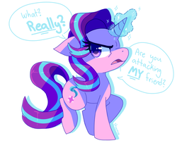 Size: 966x786 | Tagged: safe, artist:sharmie, starlight glimmer, pony, unicorn, fame and misfortune, g4, angry, dialogue, ears back, female, glowing horn, horn, magic, profile, scene interpretation, simple background, solo, sparkles, speech bubble, starlight glimmer is not amused, unamused, white background