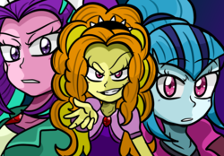 Size: 2000x1389 | Tagged: safe, artist:kira-vera, adagio dazzle, aria blaze, sonata dusk, equestria girls, g4, evil grin, frown, grin, group photo, looking at you, smiling, the dazzlings