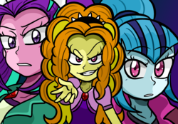 Size: 2000x1389 | Tagged: safe, artist:kira-vera, adagio dazzle, aria blaze, sonata dusk, equestria girls, g4, evil smile, frown, grin, group photo, looking at you, smiling, the dazzlings