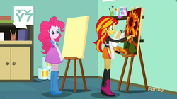 Size: 1278x718 | Tagged: safe, screencap, pinkie pie, sunset shimmer, equestria girls, g4, my little pony equestria girls: summertime shorts, the art of friendship, apron, boots, brush, clothes, easel, paint, painting, shoes
