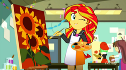Size: 1278x717 | Tagged: safe, screencap, drama letter, sunset shimmer, velvet sky, watermelody, equestria girls, g4, my little pony equestria girls: summertime shorts, the art of friendship, apron, brush, clothes, easel, paint, painting, sunflower, sunset's painting