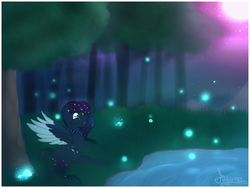 Size: 1024x771 | Tagged: safe, artist:ayameshiromi, oc, oc only, pegasus, pony, forest, moon, night, solo