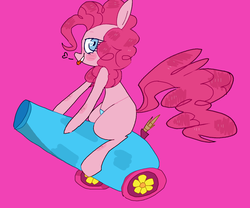 Size: 1505x1252 | Tagged: safe, artist:cheerishyourlife, pinkie pie, earth pony, pony, g4, female, looking at you, party cannon, pink background, profile, simple background, sitting, solo, tongue out