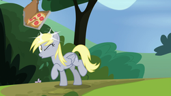 Size: 1920x1080 | Tagged: safe, screencap, derpy hooves, pegasus, pony, g4, rock solid friendship, 1080p, abuse, alternative cutie mark placement, animation error, derpybuse, duckface, female, food, inner thigh cutie mark, mare, pizza, pizza box, solo, tomato