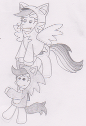Size: 569x825 | Tagged: safe, artist:threetwotwo32232, rainbow dash, scootaloo, pony, g4, clothes, crossover, duo, flying, hoodie, male, miles "tails" prower, monochrome, newbie artist training grounds, parody, pencil drawing, sonic the hedgehog, sonic the hedgehog (series), traditional art