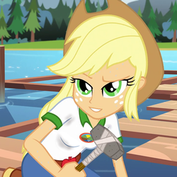 Size: 720x720 | Tagged: safe, edit, edited screencap, screencap, applejack, equestria girls, g4, my little pony equestria girls: legend of everfree, female, hammer, solo, sweat