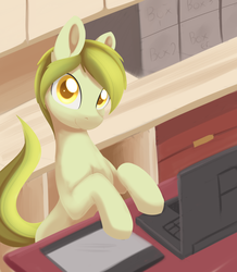 Size: 1182x1354 | Tagged: safe, artist:dusthiel, oc, oc only, oc:dust wind, earth pony, pony, atg 2017, computer, laptop computer, male, newbie artist training grounds, solo, stallion