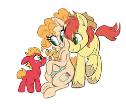 Size: 1500x1300 | Tagged: safe, artist:ponygoggles, applejack, big macintosh, bright mac, pear butter, earth pony, pony, g4, season 7, the perfect pear, baby, baby pony, babyjack, colt, cowboy hat, cute, eye contact, family, female, filly, filly applejack, foal, hat, jackabetes, looking at each other, macabetes, male, mare, ship:brightbutter, shipping, simple background, sitting, smiling, stallion, stetson, straight, unshorn fetlocks, white background, younger