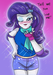 Size: 2894x4093 | Tagged: safe, artist:sumin6301, rarity, equestria girls, g4, blowing a kiss, clothes, dialogue, elbow pads, female, fingerless gloves, gloves, high res, looking at you, one eye closed, open mouth, scarf, shorts, solo, sparkling, wink