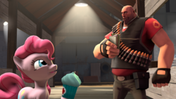 Size: 1920x1080 | Tagged: safe, artist:kiwikahu, pinkie pie, earth pony, pony, g4, 2fort, 3d, cupcake, cute, food, happy, heavy (tf2), sandvich, smiling, source filmmaker, team fortress 2