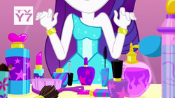 Size: 1280x720 | Tagged: safe, screencap, rarity, equestria girls, g4, make up shake up, my little pony equestria girls: summertime shorts, boobshot, bracelet, breasts, brush, female, jewelry, lipstick, makeup, pictures of chests, solo, tv-y7