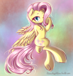 Size: 2000x2100 | Tagged: safe, artist:chaosangeldesu, fluttershy, pegasus, pony, semi-anthro, g4, abstract background, cute, female, flying, hair over one eye, high res, looking at you, mare, one eye closed, shyabetes, smiling, solo, spread wings, underhoof, wings, wink
