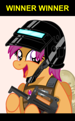 Size: 1000x1600 | Tagged: safe, artist:truffle shine, derpibooru exclusive, scootaloo, pegasus, pony, g4, assault rifle, backpack, bullpup rifle, clothes, female, filly, gun, helmet, implied scootachicken, kevlar, playerunknown's battlegrounds, ponies with guns, rifle, show accurate, smiling, solo, vest, visor, weapon