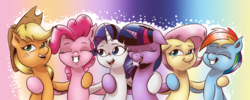 Size: 1657x665 | Tagged: safe, artist:saturdaymorningproj, applejack, fluttershy, pinkie pie, rainbow dash, rarity, twilight sparkle, alicorn, earth pony, pegasus, pony, unicorn, fame and misfortune, g4, applejack's hat, cowboy hat, female, flawless, hat, mane six, mare, smiling, twilight sparkle (alicorn)